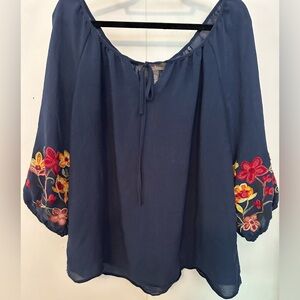 Floral Embroidered Navy Blouse, 1x